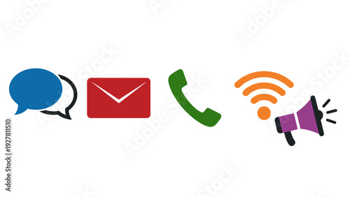 Icons representing communication methods including chat, email, phone, wifi, and loudspeaker easy