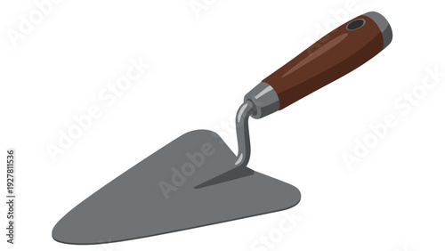 Illustration of a trowel with a wooden handle and metallic blade used for gardening and construction