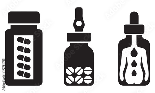 Black and white graphic of three medical containers: a bottle with capsules, a dropper bottle with pills, and a silhouette of a human body within a bottle.