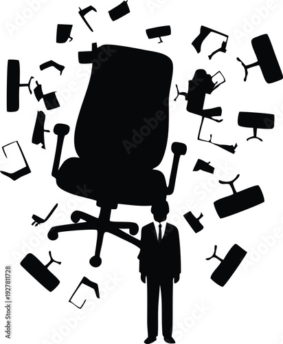 Silhouette of a Businessman Surrounded by Falling and Floating Office Chairs, Representing Workplace Chaos, Environment Pressure, and Overwhelming Corporate Tasks Vector Art
