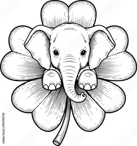Adorable baby elephant peeking out from a four-leaf clover drawing lucky clover