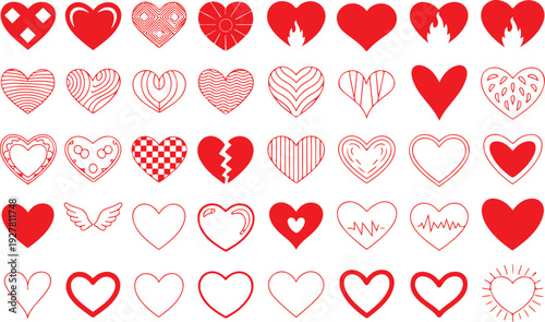 Set of 40 red heart icons featuring decorative patterns, broken hearts, and heartbeat rhythms for health and romance design.