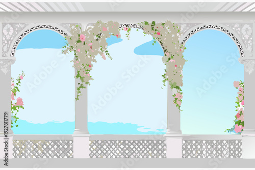 Floral archway with columns overlooks a serene blue seascape backdrop
