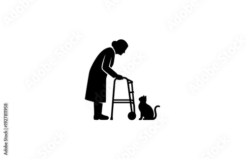Elderly Person with Walker and cat Silhouette, Senior Care and Independent Living Concept Vector Illustration