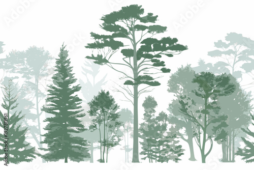 Stylized forest scene with varying shades of green coniferous trees