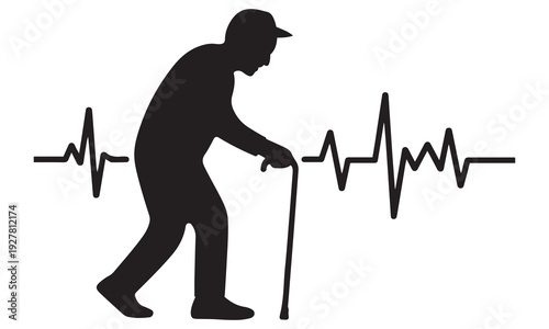 Silhouette of an elderly man with a cane walking next to a pulsating electrocardiogram line, representing health and aging.