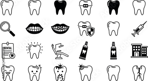 Dental Care Icon Set with Tooth, Dentistry, Oral Hygiene, Braces, Tools, and Medical Symbols for Clinic Websites, Health Apps, and Vector Designs