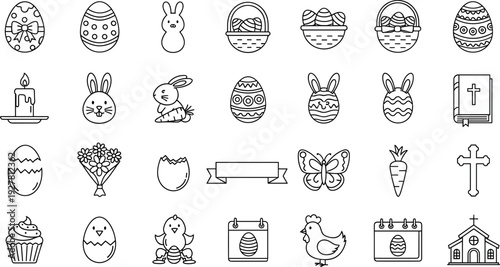 Easter Icon Set with Eggs, Bunny, Basket, Spring Flowers, Religious Symbols, and Holiday Decorations for Greeting Cards, Crafts, and Vector Designs