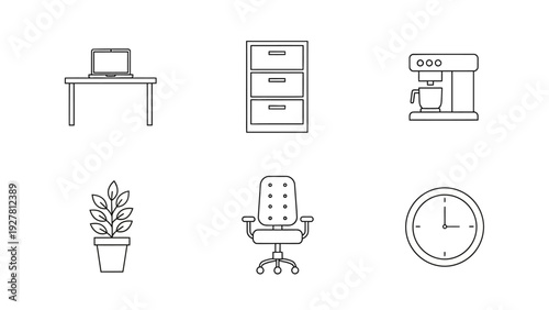 Minimalist line icons representing office furniture and equipment including a desk, filing