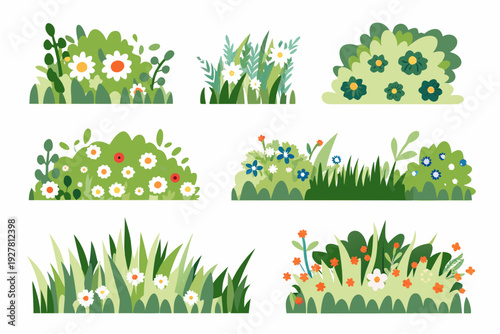 Collection of stylized green bushes grasses and flowering plant arrangements
