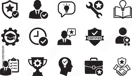   Expert flat icon set illustrating advice, competence, expertise, knowledge, skill, and experience.