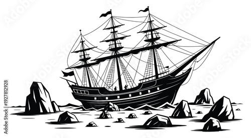 Two shipwrecks stranded on rocky shoreline with striking silhouette forms, high resolution professional detailed coastal scene, intense stormy atmosphere and textured rocks, evocative marine tragedy