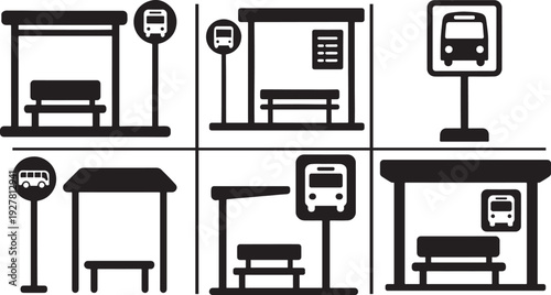   Bus stop vector icon set, clean transportation symbols for public transit, travel, and city design.