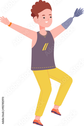 Positive boy with artificial hand. Mechanic arm character