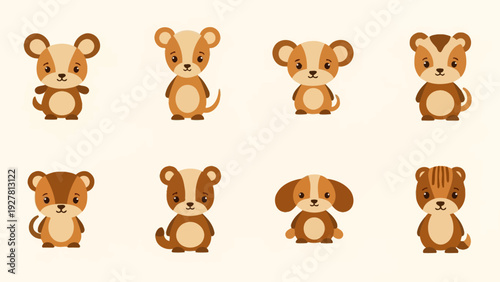 Set of cute cartoon puppies with different poses and expressions in a minimalistic style