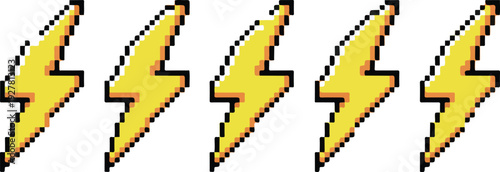 Set of 5 yellow pixel-art lightning bolts for retro gaming UI and high-energy graphic design.