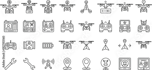 Drone and UAV Line Icon Set with Quadcopter, Remote Control, GPS, Battery, Camera, Signal, and Aerial Technology Symbols