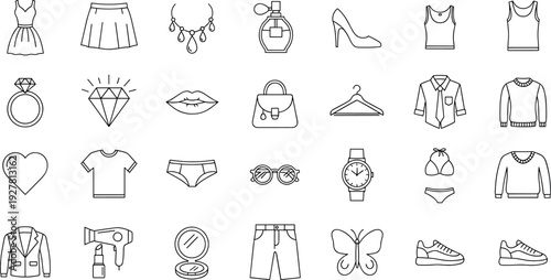 Fashion and Beauty Outline Icon Set Featuring Clothing, Accessories, Jewelry, Cosmetics, and Footwear Elements for E-Commerce, Apps, and Design Projects