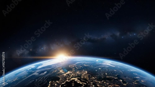 Globe Of Planet Earth Shows Sunrise From Space Showcasing City Lights The Milky Way In The Background For Science Education Travel Content Global Perspectives