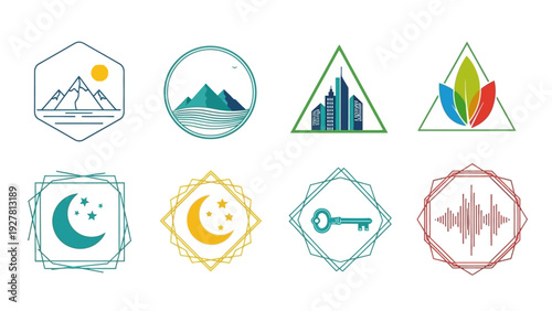 Set of eight minimalistic line art icons representing nature, architecture, and abstract concepts