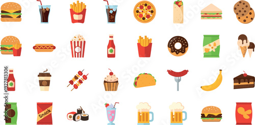 Fast Food and Snacks Flat Icon Set Featuring Burgers, Pizza, Fries, Drinks, Desserts, and Street Food Items for Menus, Apps, and Food Design