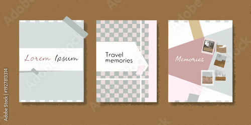 Three vertical brochure templates with decorative elements and placeholder text