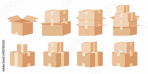 Stacked and individual cardboard boxes in varying orientations