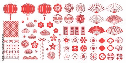 Collection of red chinese new year decorative elements and traditional patterns
