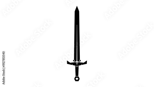 Silhouette of a medieval-style longsword with intricate crossguard design against a plain white