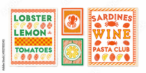 Vintage style food packaging labels featuring lobster sardines and wine