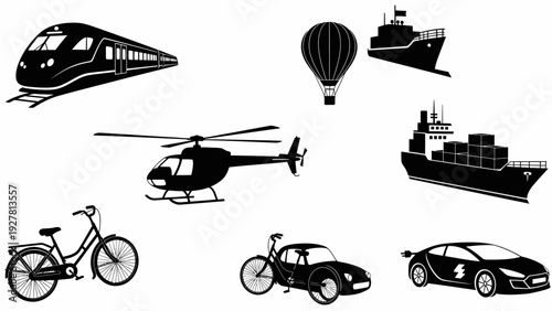Silhouette Collection of Various Transportation Modes Including Trains, Air Vehicles, Boats, and