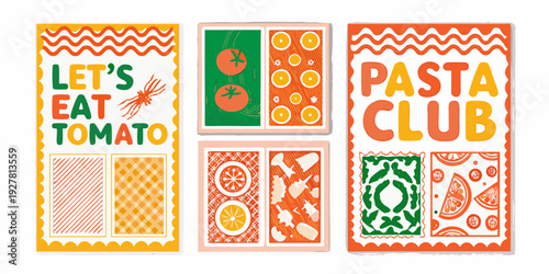 Colorful illustrations featuring tomatoes pasta and playful typography