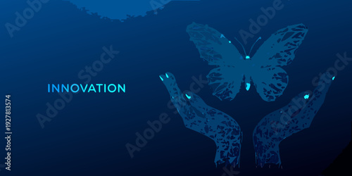 A glowing blue butterfly rests within cupped hands symbolizing innovation