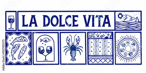 Blue and white tiled design featuring italian phrases and seafood motifs