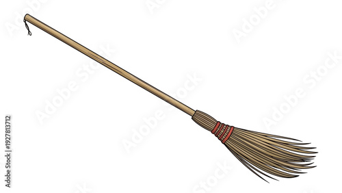 Traditional broomstick with straw bristles for sweeping floors and outdoor areas