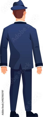 Man in classic male hat rear view cartoon icon