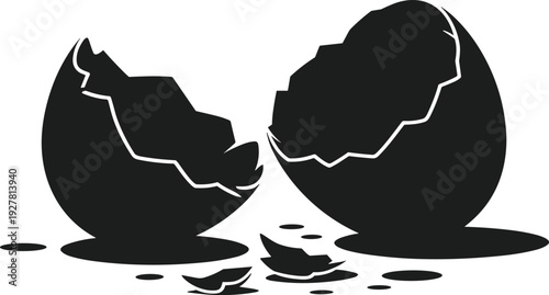 Broken eggshell silhouette vector graphic with scattered fragments cracked