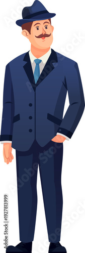 Fancy gentleman in retro bowler hat cartoon character pose