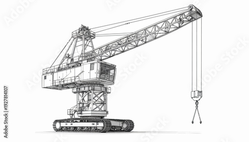 Detailed architectural sketch of a large crawler crane with a long boom and hook, presented in a black and white line drawing style.