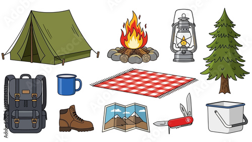 Camping essentials collection including tent firepit lantern backpack and hiking gear for outdoor