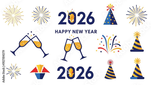 Celebrating New Year 2026 with festive icons including fireworks champagne glasses and party hats