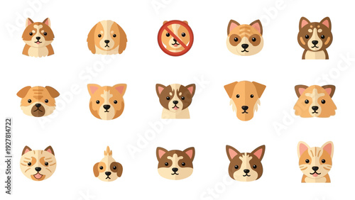 Collection of cartoon dog and cat faces with a no-entry symbol emphasizing pet safety and
