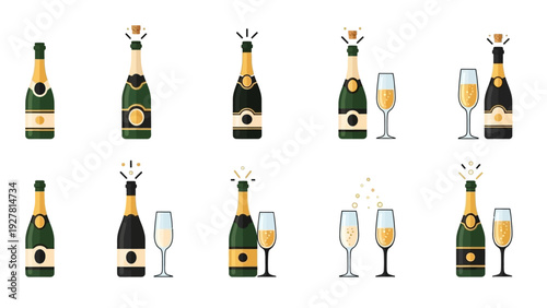 Collection of Celebration Champagne Bottles and Glasses Illustrations for Parties and Events