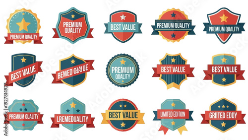 Collection of colorful badges and ribbons emphasizing quality and value in various designs