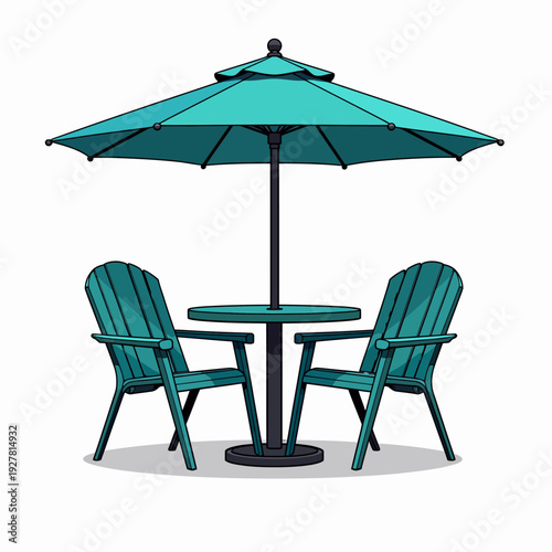 Vibrant teal outdoor patio dining set including two Adirondack chairs a round table and a large sun umbrella for backyard leisure and garden relaxation.
