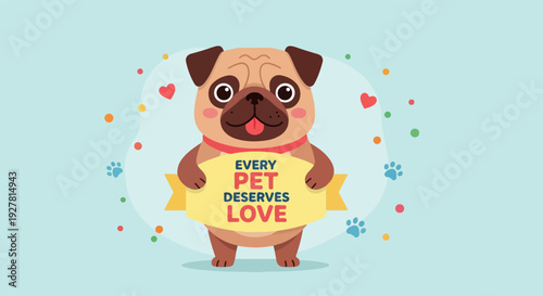 Cute pug dog holding sign every pet deserves love in colorful confetti background