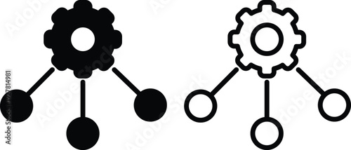 Black and white icons depicting a central gear connected to three nodes, symbolizing settings, network, or distributed system.