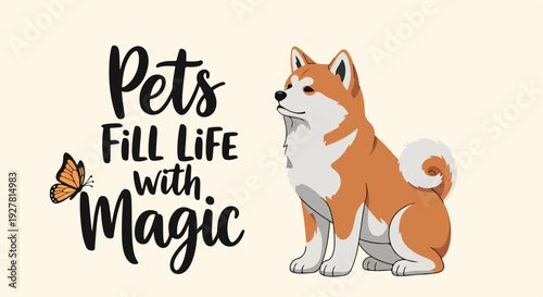 Whiskers on a dog's face close up with butterfly and inspirational quote about pets on beige background