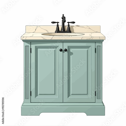 Upgrade your bathroom with this elegant sage green single vanity featuring a stunning white marble countertop and a modern black faucet for a fresh look.
