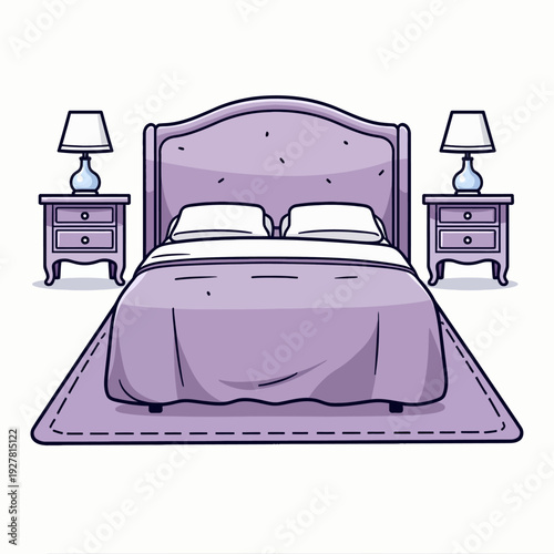 Transform your master bedroom with this luxurious purple upholstered bed set including matching nightstands and elegant lamps for a comfortable retreat.
